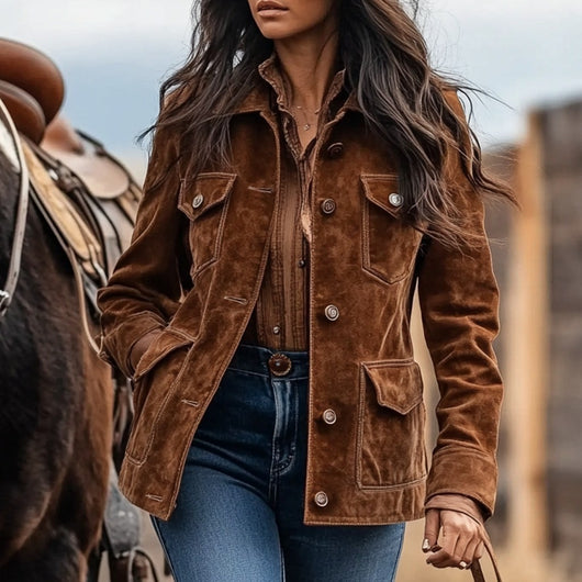 Chaqueta Camisa Retro de Gamuza Marrón con Bolsillos Múltiples y Solapa - Image 12
