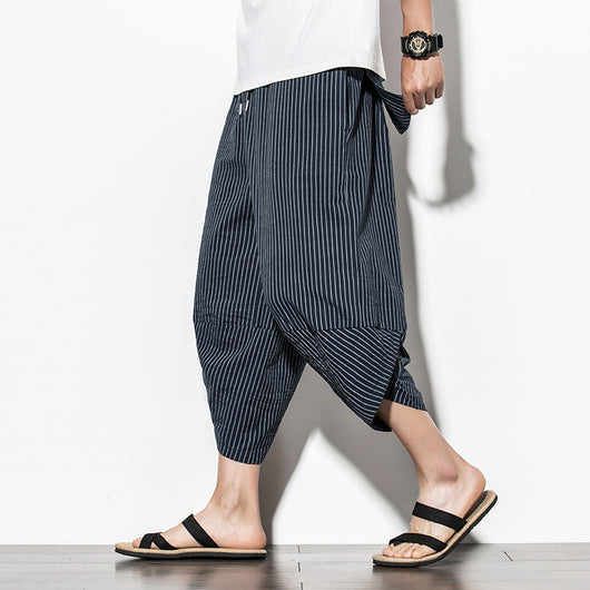 Pantalones Cortos de Lino Casual con Rayas Verticales para Hombre - Image 10
