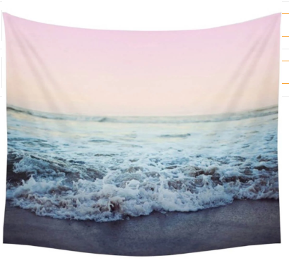 Rectangular tapestry featuring a serene beach scene with foamy ocean waves breaking on the shore under a soft pink and beige sky. - Image 2