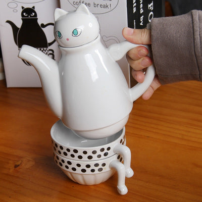 Juego de Té y Café con Tazas Apilables de Cerámica - Diseño Gato Blanco y Negro - Image 5