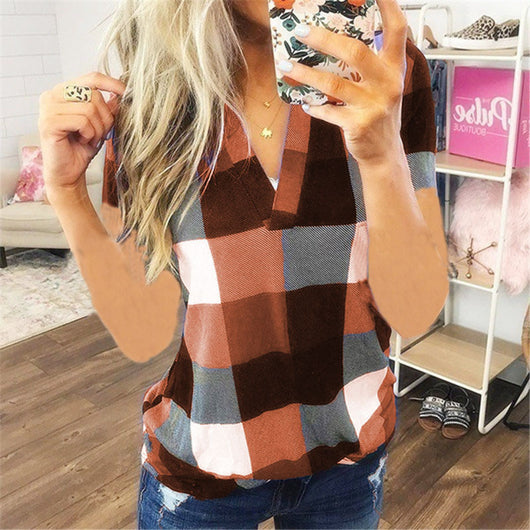 Camisa Casual de Cuadros con Escote en V y Mangas Largas - Image 35