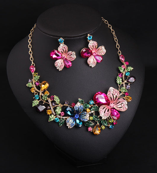 Colorful flower crystal diamond short clavicle necklace and matching earrings set, featuring gold-tone metal and vibrant rhinestones. - Image 4