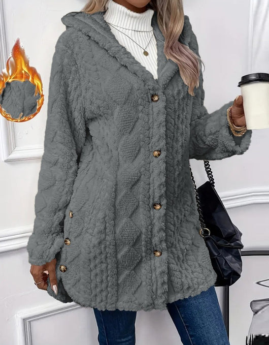 Abrigo Cardigan con Capucha y Botones - Chaqueta Larga de Invierno Color Sólido - Image 35
