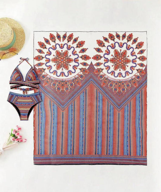 Women's three-piece bikini set with a colorful striped and geometric pattern, featuring a halter top, high-waisted bottoms, and a matching sheer cover-up, on a - Image 15