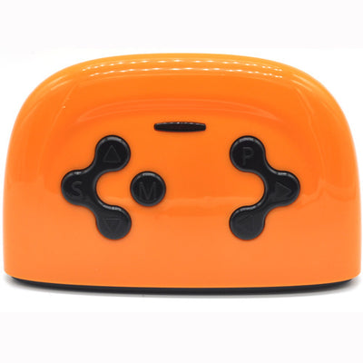 White ergonomic remote control with P, S, V, and directional buttons, plus three indicator lights.