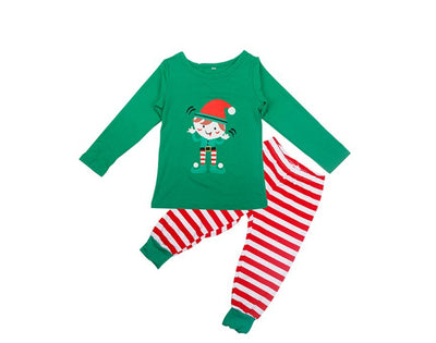 Kids' green long-sleeve Christmas pajama top with an elf graphic and matching red and white striped pants. - Image 10