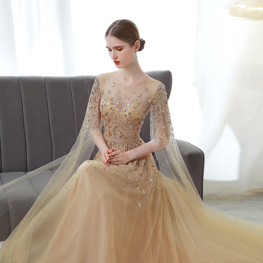 Vestido de Noche Largo Dorado Premium con Mangas Volantes - Image 7