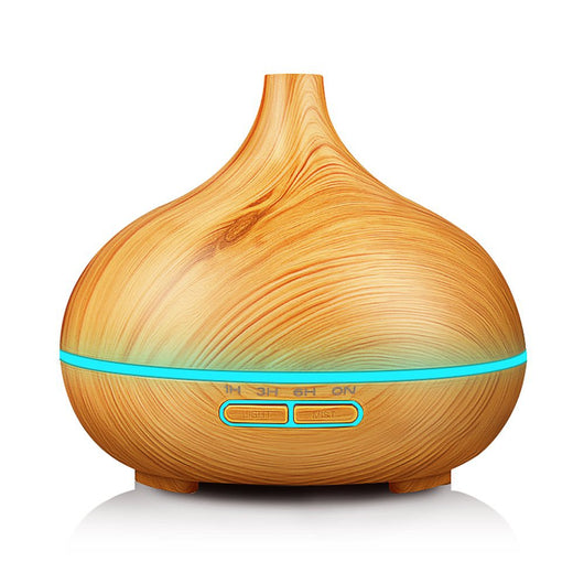 Wood grain ultrasonic aromatherapy diffuser and humidifier with a glowing blue LED light band and control buttons. - Image 7