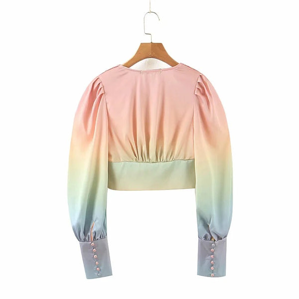 Blusa Corta con Mangas Farol y Degradado de Colores