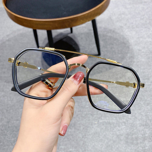 Black and gold double beam retro square frame anti-blue light glasses held by a hand. - Image 5