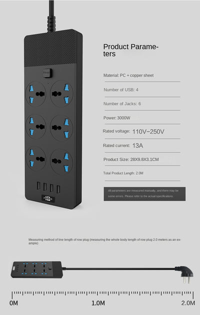 Regleta de Potencia 3000W con 4 Puertos USB y 6 Tomas de Corriente - Image 23
