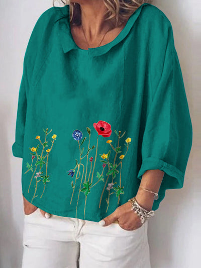 Blusa de Algodón y Lino con Bordado de Flores - Manga Larga Literaria - Image 12