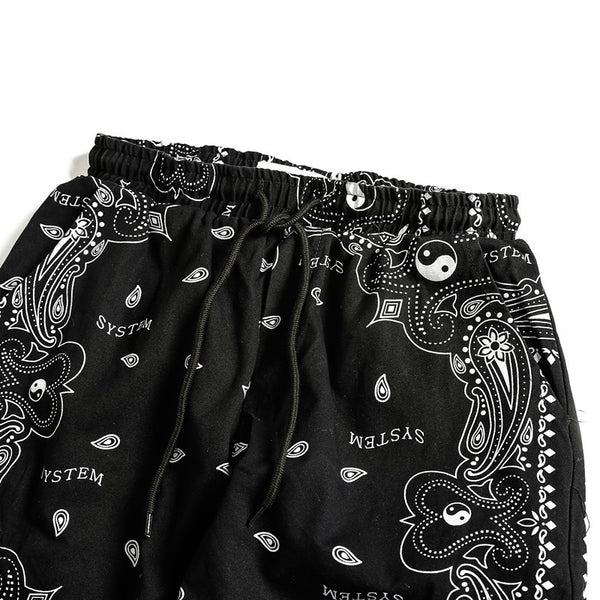 Pantalones Casuales Negros con Estampado de Flor de Anacardo y Bolsillos