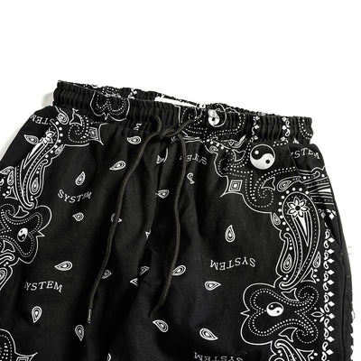Pantalones Casuales Negros con Estampado de Flor de Anacardo y Bolsillos