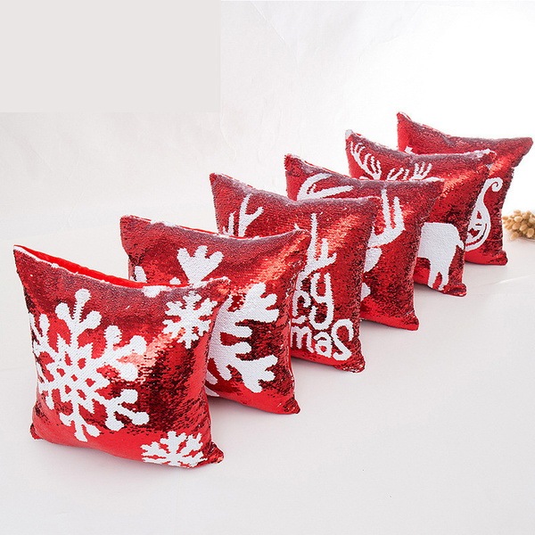 Funda de Almohada Navideña con Lentejuelas Reversibles Roja