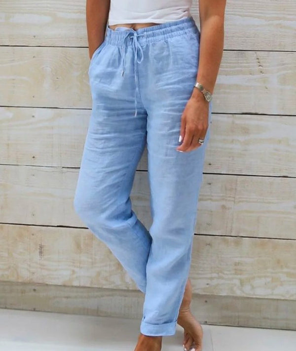 Pantalones Casuales de Cintura Alta para Mujer en Algodón y Lino