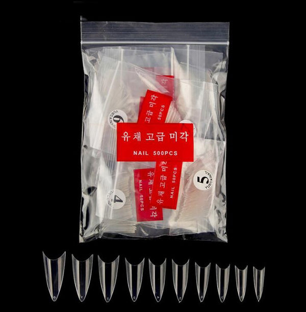 Set de 500 Uñas Postizas Transparentes Puntiagudas - Estándar Coreano
