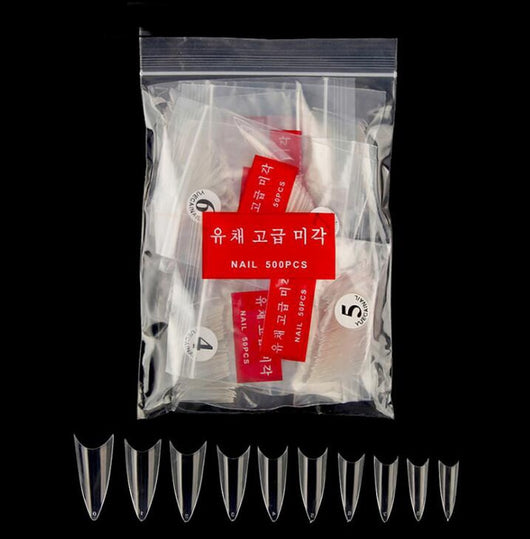 Set de 500 Uñas Postizas Transparentes Puntiagudas - Estándar Coreano