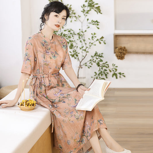 Vestido Cheongsam Retro Mujer Estampado Literario en Ramio - Image 2
