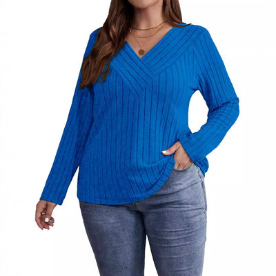 Suéter Tipo Polera Plus Size Cuello V Cruzado Manga Larga Textura Acanalada - Image 5