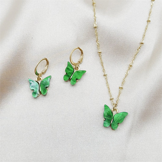 Pink acrylic butterfly necklace and earring set with gold-colored chain and hoop earrings. - Image 12