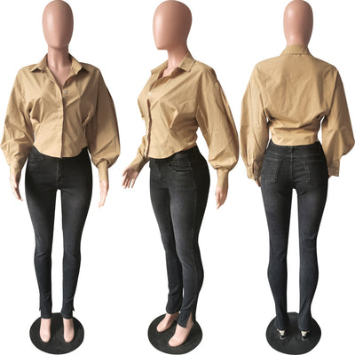 Blusa Elegante de Manga Linterna Ajustada en Color Sólido - Image 4