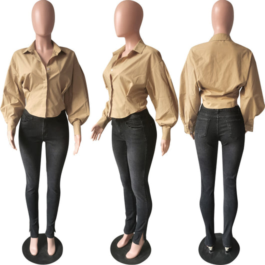 Blusa Elegante de Manga Linterna Ajustada en Color Sólido - Image 4