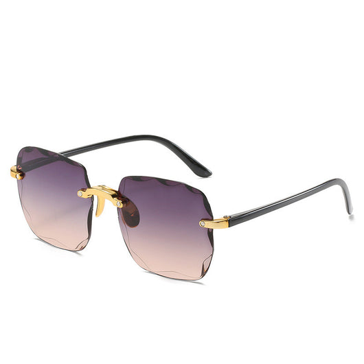 Pink rimless square sunglasses with wavy edges, gold-tone hardware, and clear pink temples on a white background. - Image 25