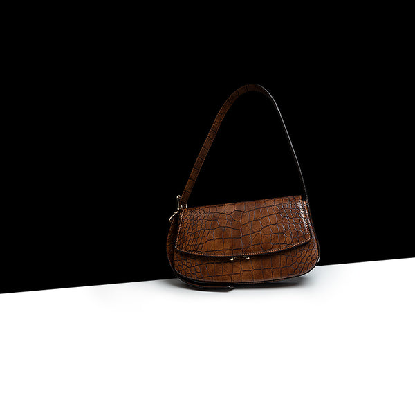 Bolso Baguette de Cuero Genuino con Patrón - Bandolera Elegante para Mujer