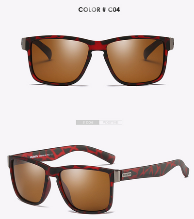 Black DUBERY polarized sunglasses with rectangular frames and dark lenses, shown from front and top-down angles. - Image 11
