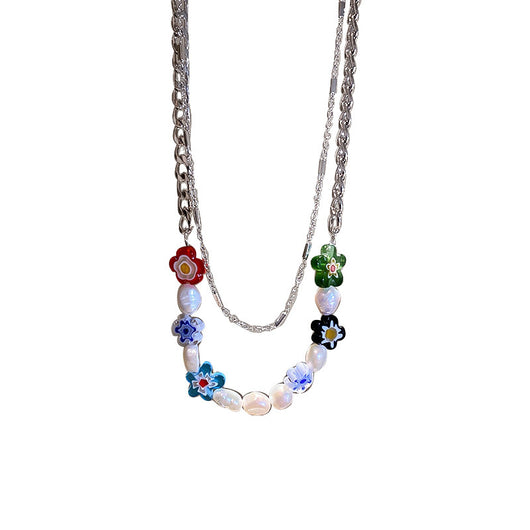 Collar de Perlas de Agua Dulce con Flores Coloridas