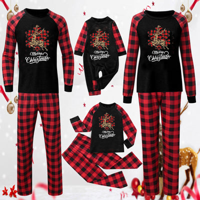 Black and red buffalo plaid Christmas pajama set with a leopard print reindeer snowflake graphic and "Merry Christmas" text. - Image 6