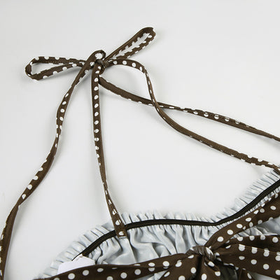 Dark brown polka dot halter bikini top with matching shirred high-waisted shorts for women. - Image 31