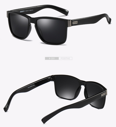 Black DUBERY polarized sunglasses with rectangular frames and dark lenses, shown from front and top-down angles. - Image 12
