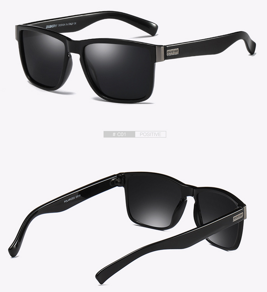 Black DUBERY polarized sunglasses with rectangular frames and dark lenses, shown from front and top-down angles. - Image 12