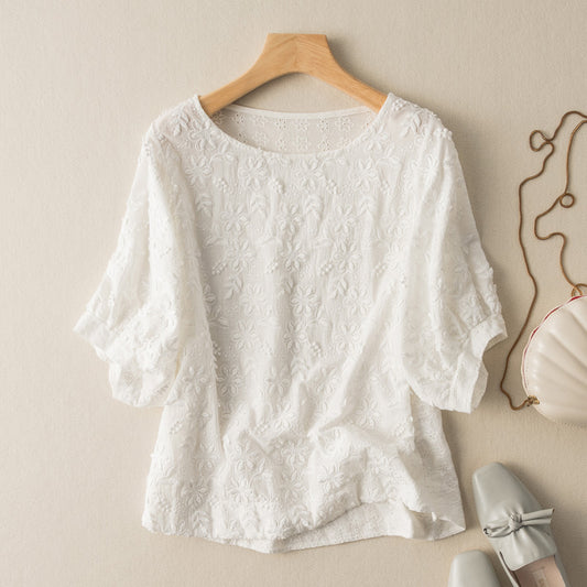 Camiseta Retro de Manga Corta con Arte Bordado para Mujer