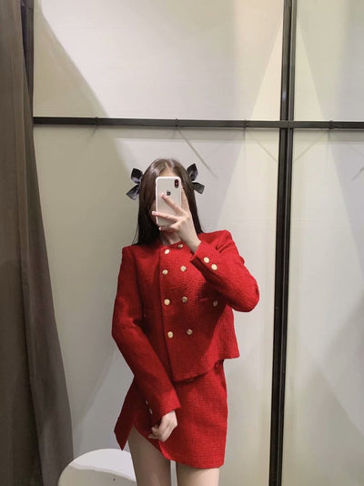 Blazer Corto de Lana Texturizada Doble Botonadura con Falda Plisada - Image 10