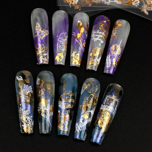 Stickers de Uñas 3D Adhesivos Hoja de Arce Dorada Láser con Letras - Image 3