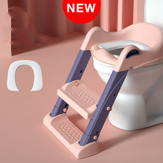 Gray and white children's toilet training seat with a two-step ladder, shown on a white adult toilet. - Image 4