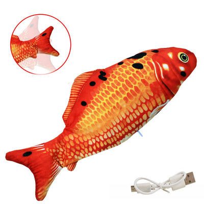 Realistic plush fish cat toy with yellow and brown scales, black fins, and a white USB charging cable. - Image 8