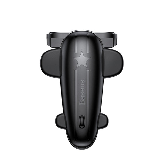 Black Baseus mobile phone game controller with an airplane design and star detail, for enhanced mobile gaming.