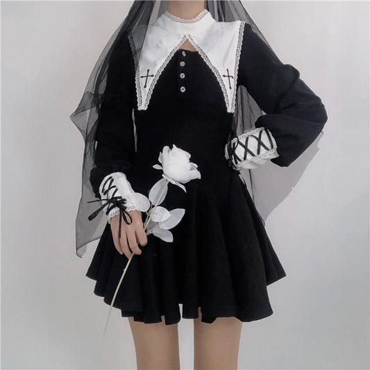 Vestido Gótico Monja María de Encaje Negro