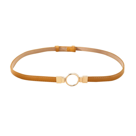 Black imitation leather belt with a glossy finish and a gold-tone round double buckle. - Image 7