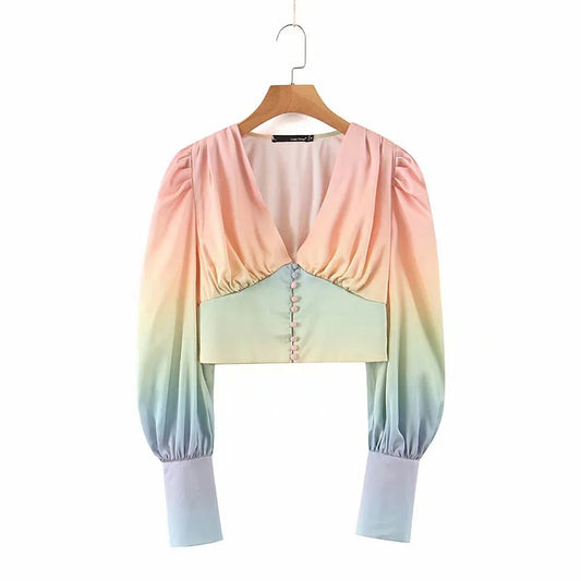Blusa Corta con Mangas Farol y Degradado de Colores