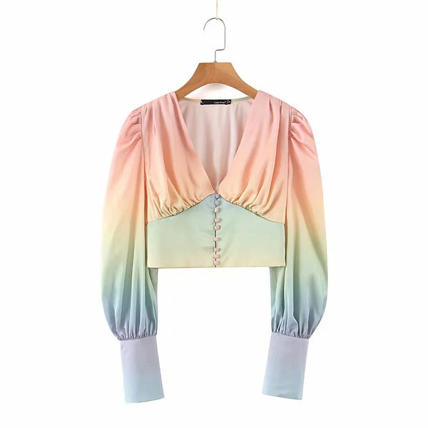 Blusa Corta con Mangas Farol y Degradado de Colores