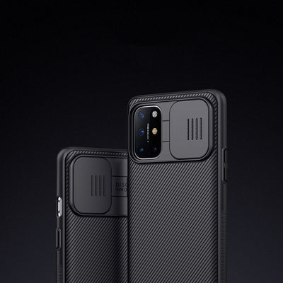 Black textured phone case for OnePlus 8T with a sliding camera cover and precise cutouts for buttons. - Image 4