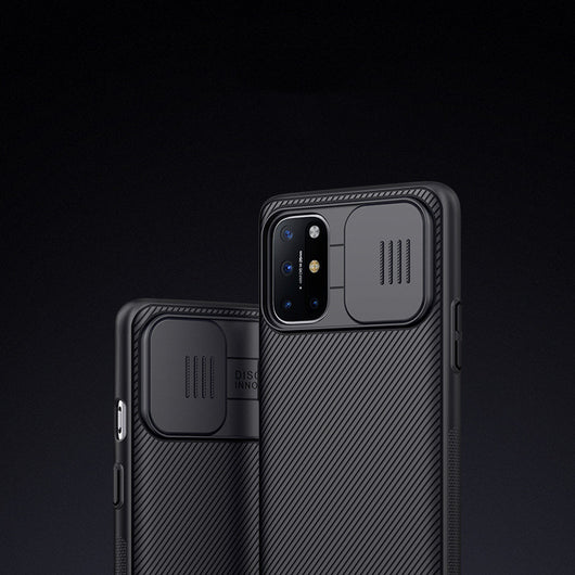 Black textured phone case for OnePlus 8T with a sliding camera cover and precise cutouts for buttons. - Image 4