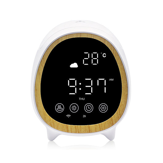 White smart WIFI aroma diffuser with a round shape, wood-grain accent, and digital display showing time and temperature. - Image 2