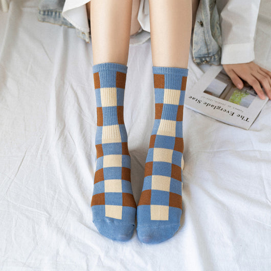 Calcetines de Algodón para Mujer con Diseño Cuadros Azul Británico