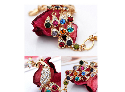 Gold tone peacock bridal jewelry set with colorful crystal accents, including a necklace, bracelet, and dangle earrings. - Image 6